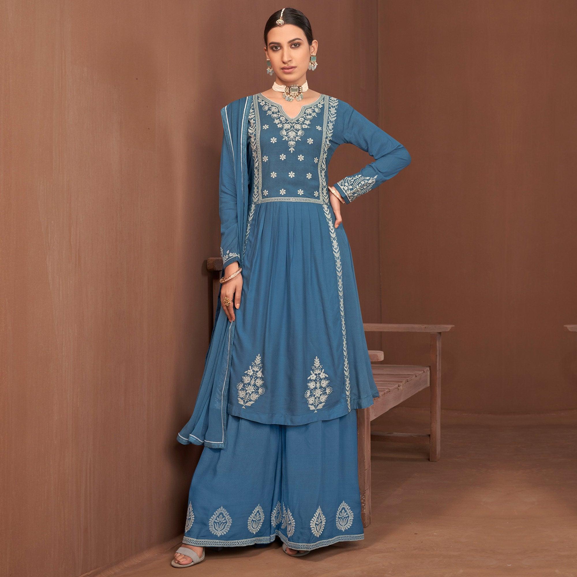Blue Partywear Embroidered Rayon Palazzo Suit - Peachmode