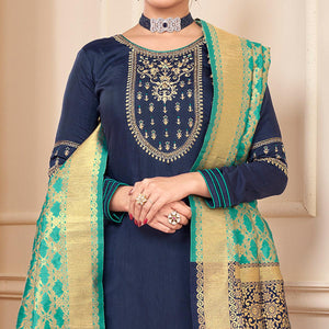 Blue Partywear Embroidered Rayon Palazzo Suit - Peachmode