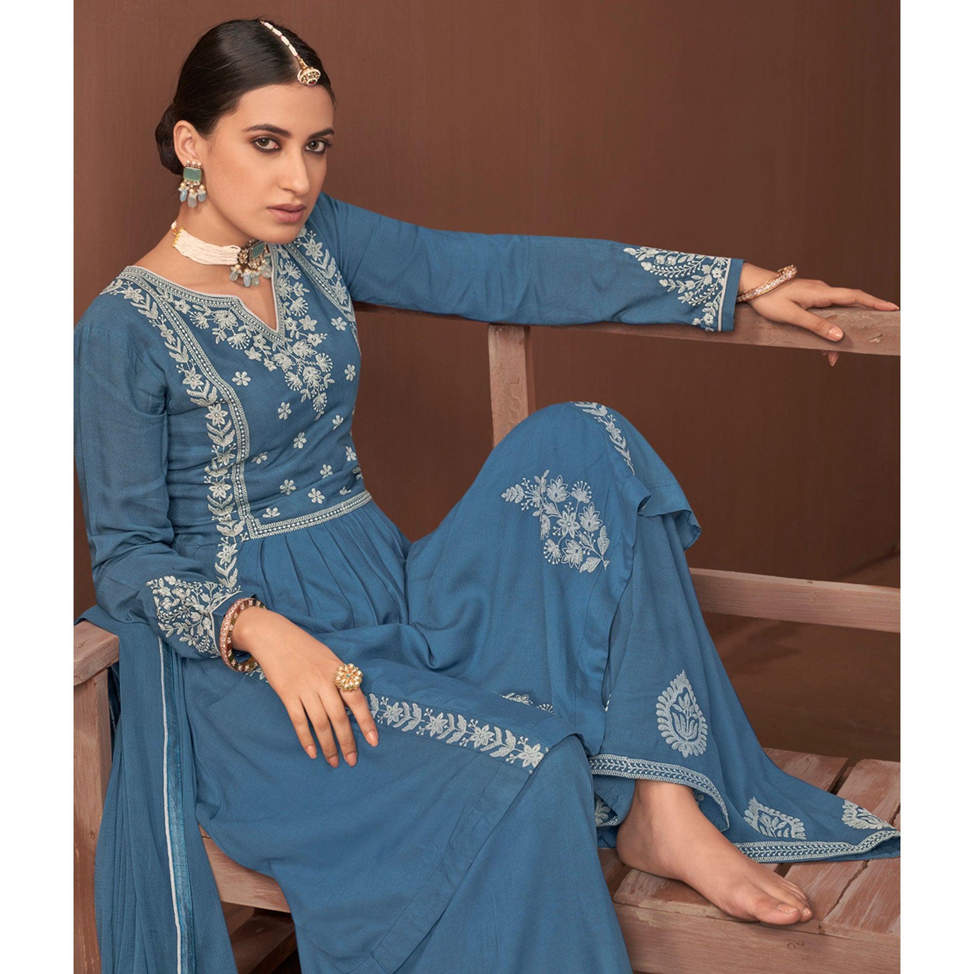 Blue Partywear Embroidered Rayon Palazzo Suit - Peachmode