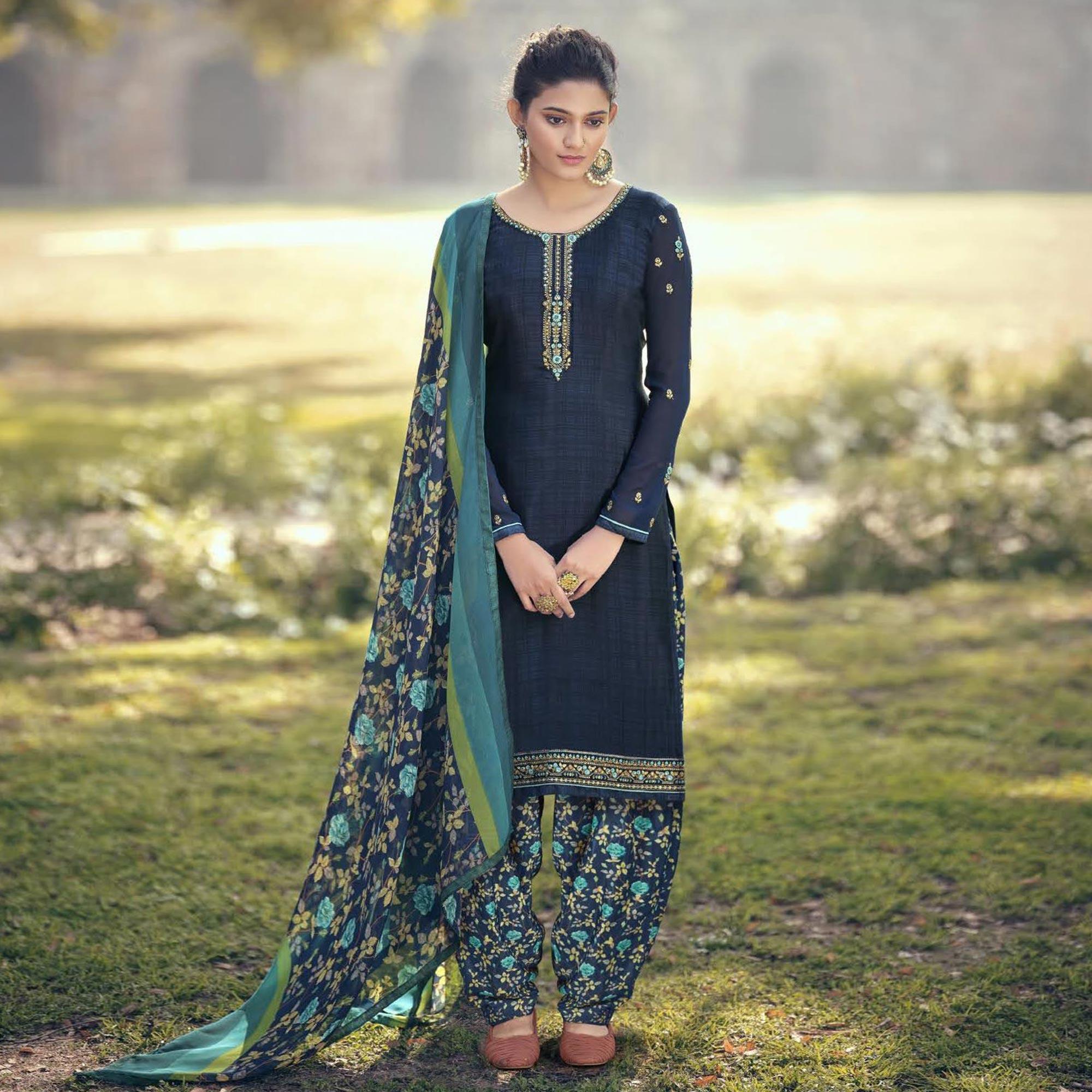 Blue Partywear Embroidered Royal French Crepe Patiala Suit - Peachmode