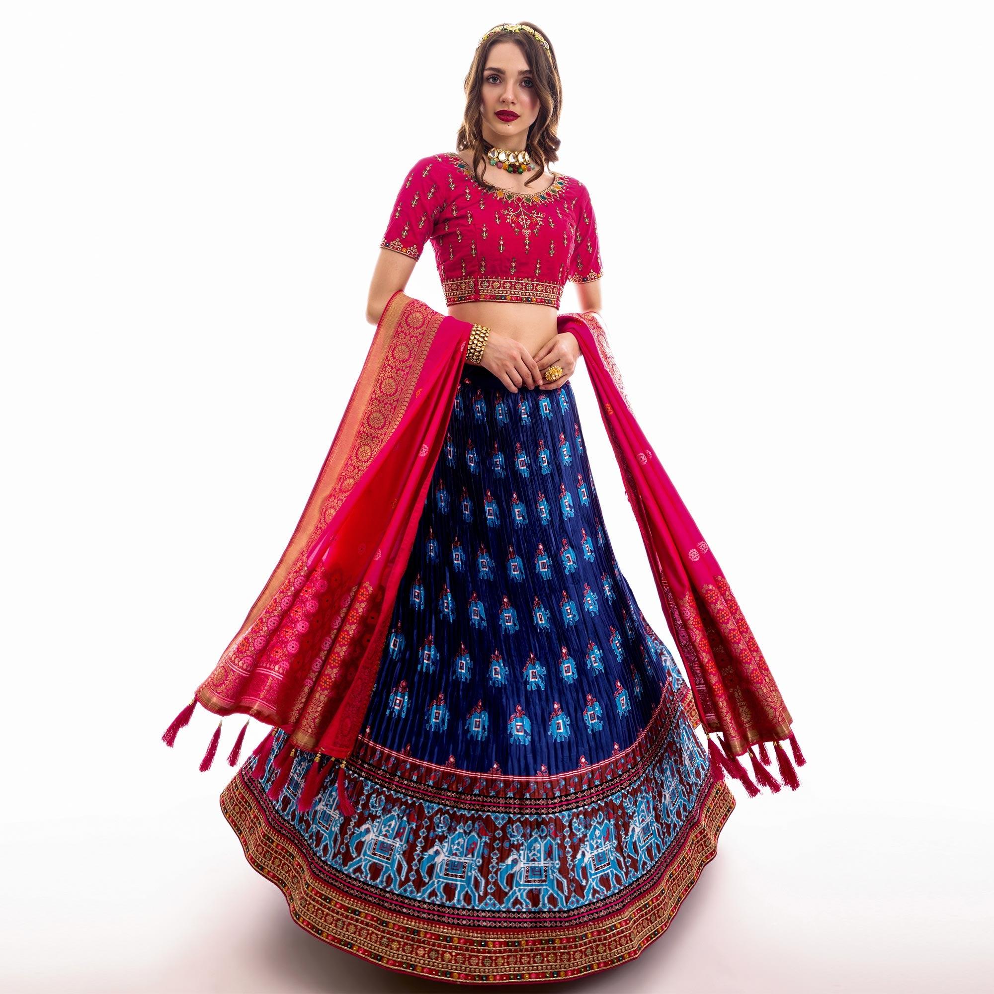 Blue Partywear Embroidered Satin Lehenga Choli - Peachmode