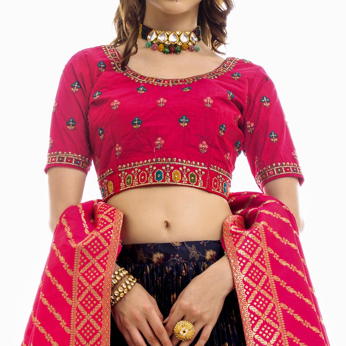 Blue Partywear Embroidered Satin Lehenga Choli - Peachmode