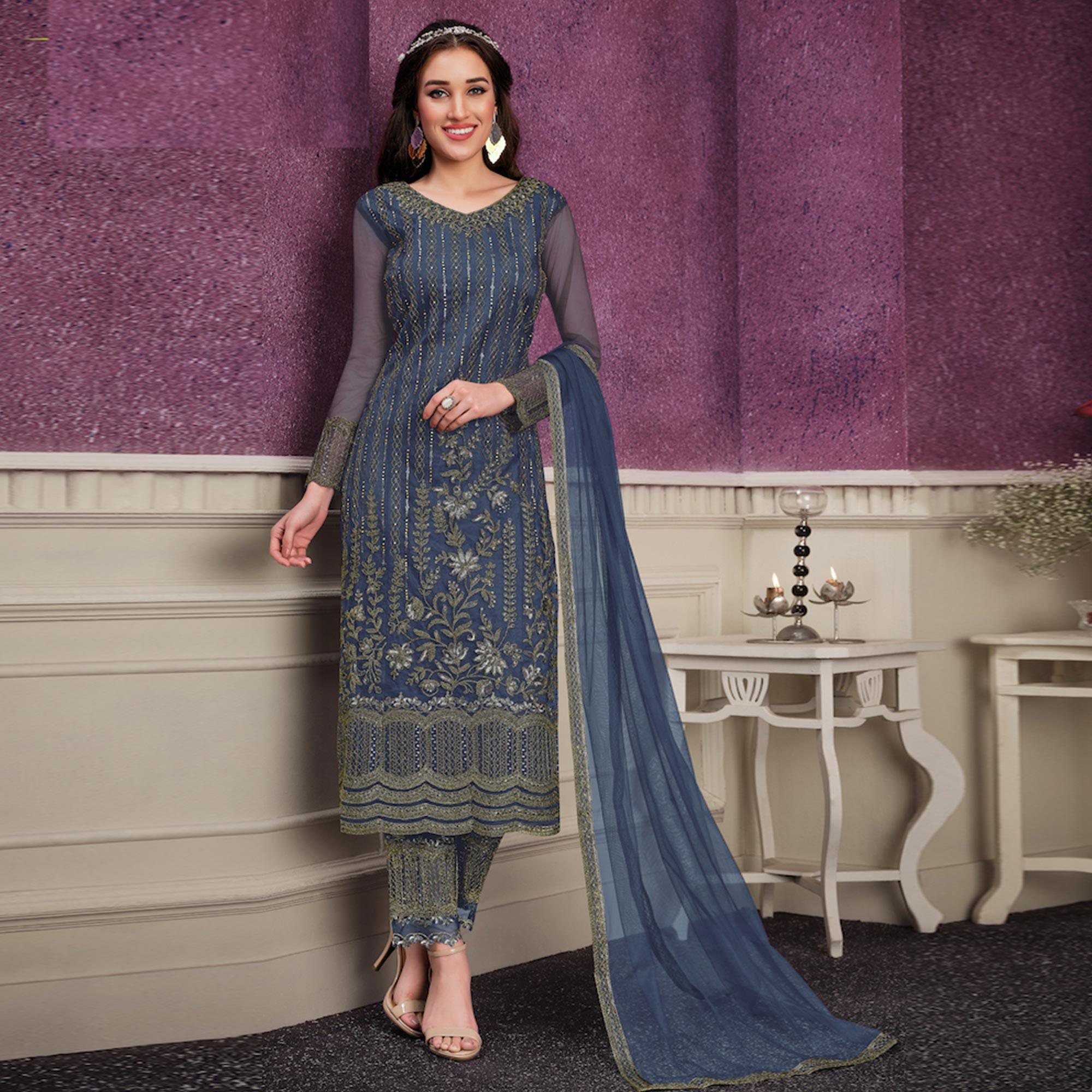 Blue Partywear Embroidered Soft Net Suit - Peachmode