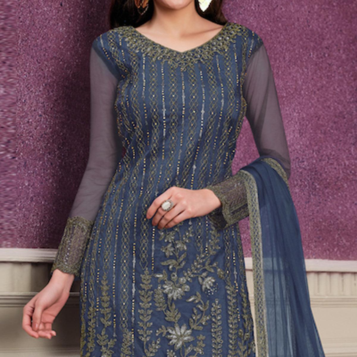 Blue Partywear Embroidered Soft Net Suit - Peachmode