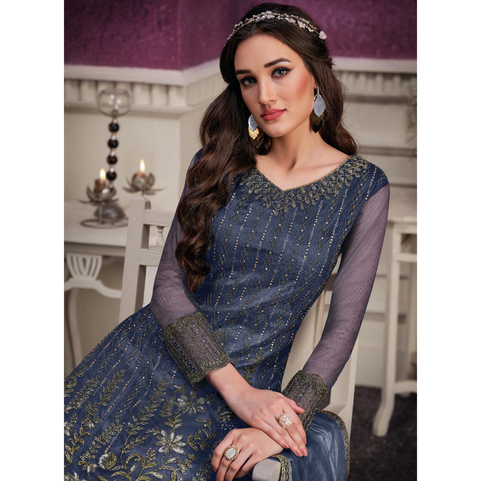 Blue Partywear Embroidered Soft Net Suit - Peachmode