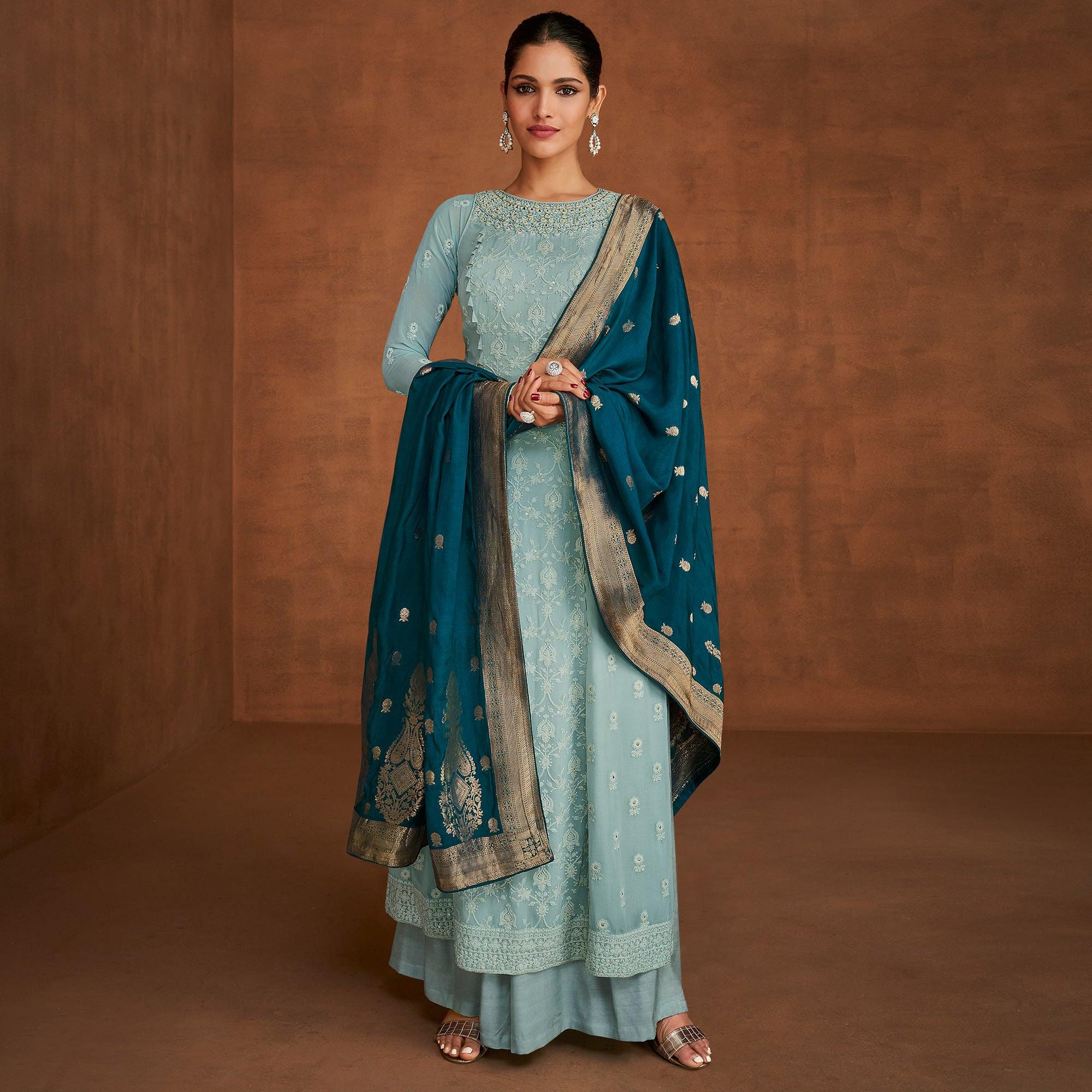 Blue Partywear Embroidered With Embellished Georgette Suit - Peachmode