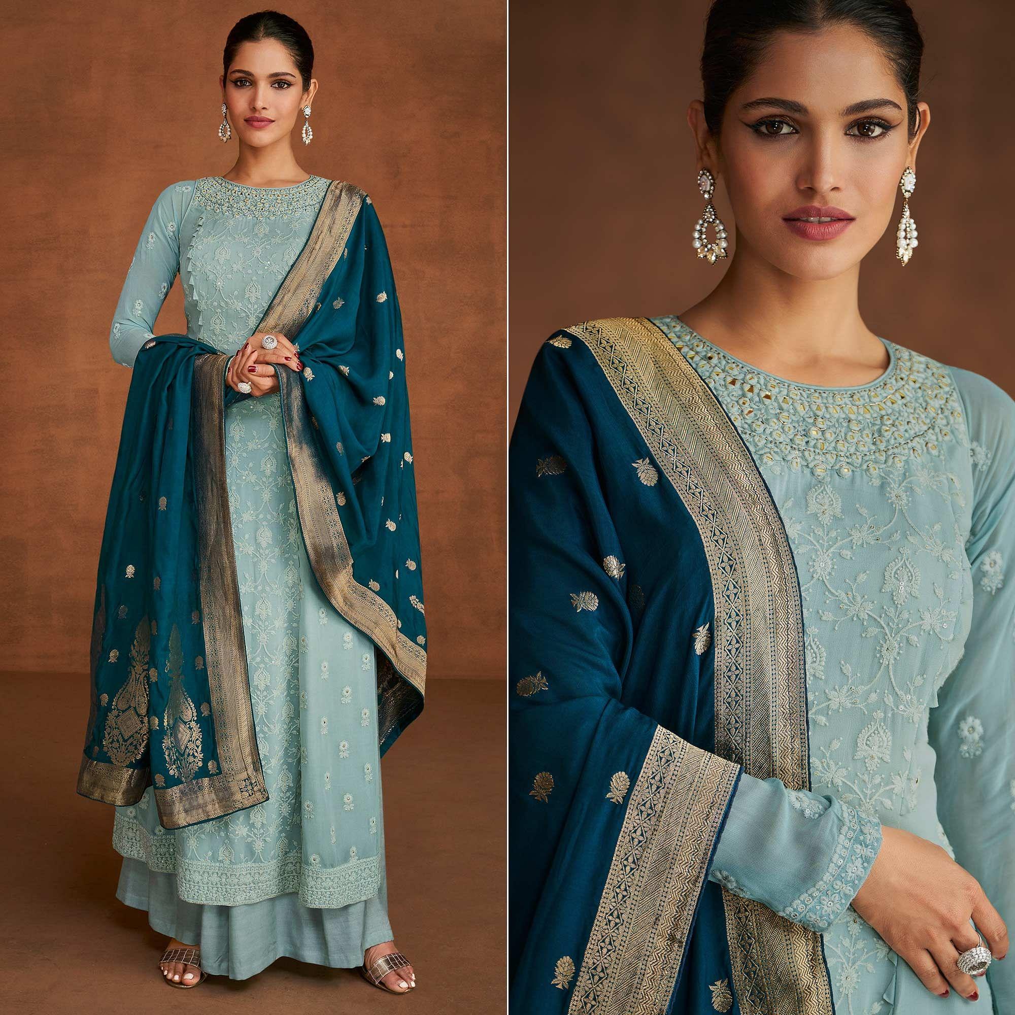 Blue Partywear Embroidered With Embellished Georgette Suit - Peachmode