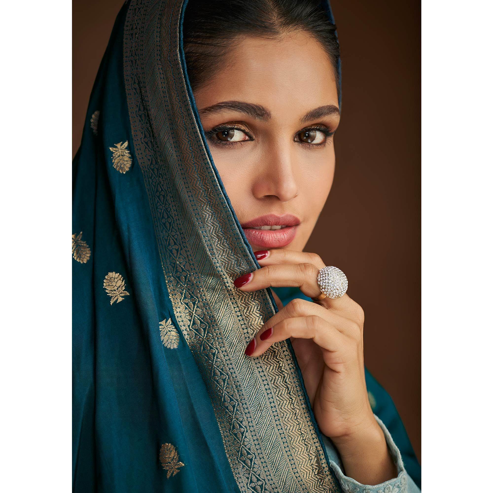 Blue Partywear Embroidered With Embellished Georgette Suit - Peachmode