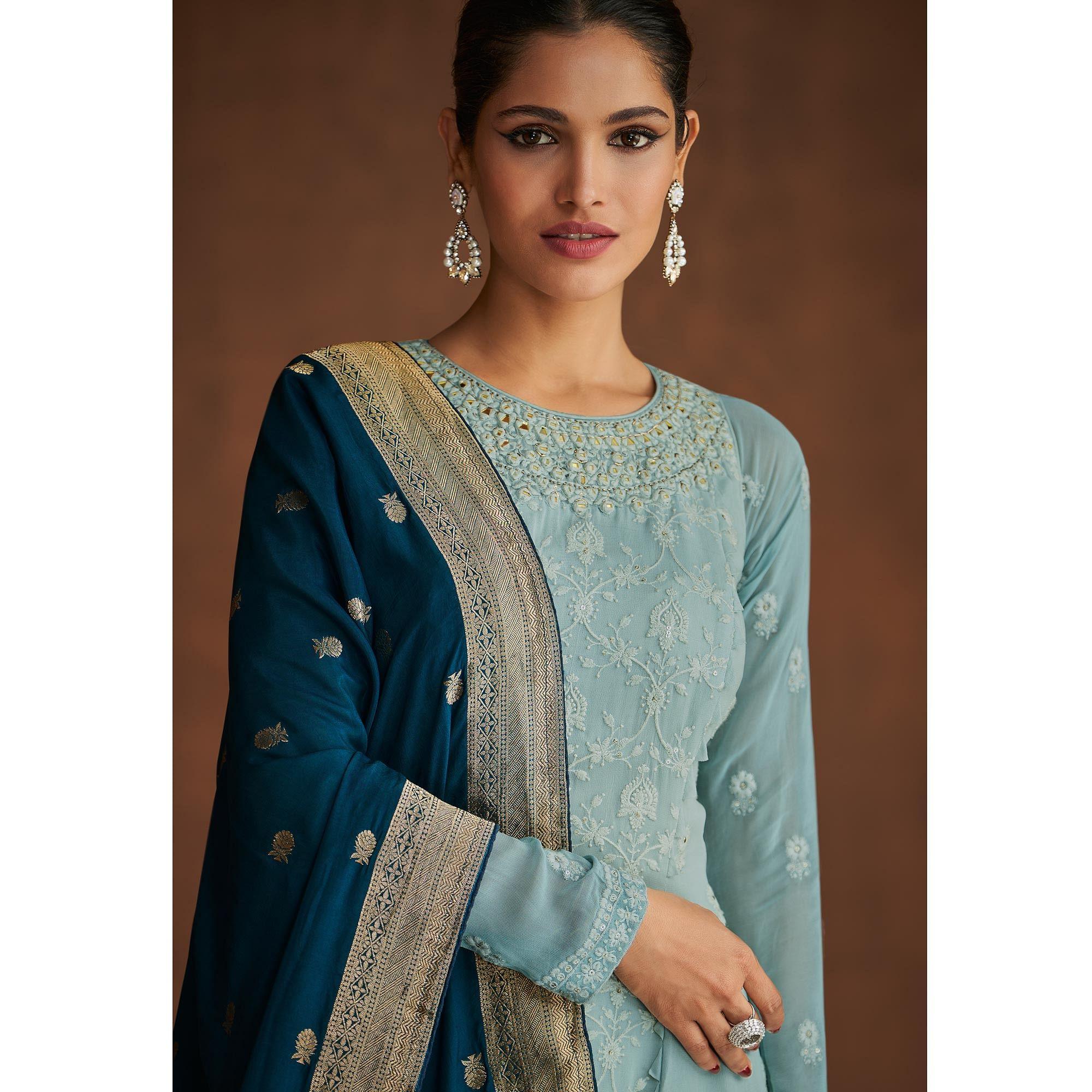 Blue Partywear Embroidered With Embellished Georgette Suit - Peachmode