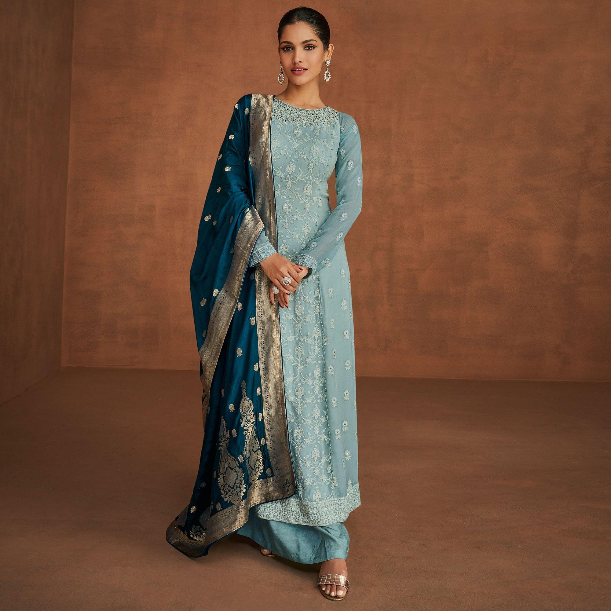 Blue Partywear Embroidered With Embellished Georgette Suit - Peachmode