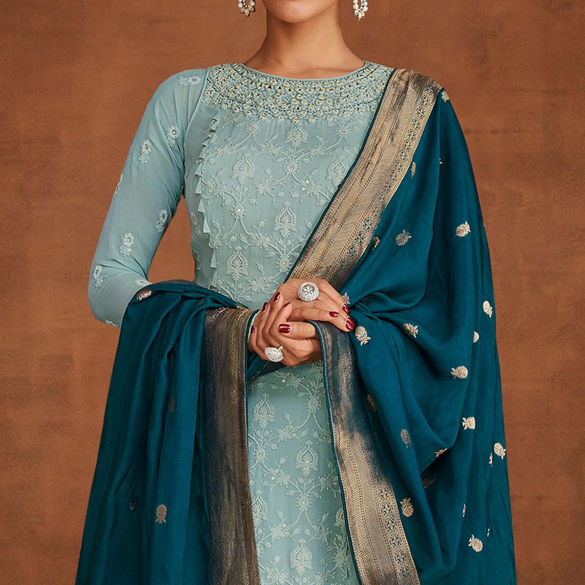 Blue Partywear Embroidered With Embellished Georgette Suit - Peachmode