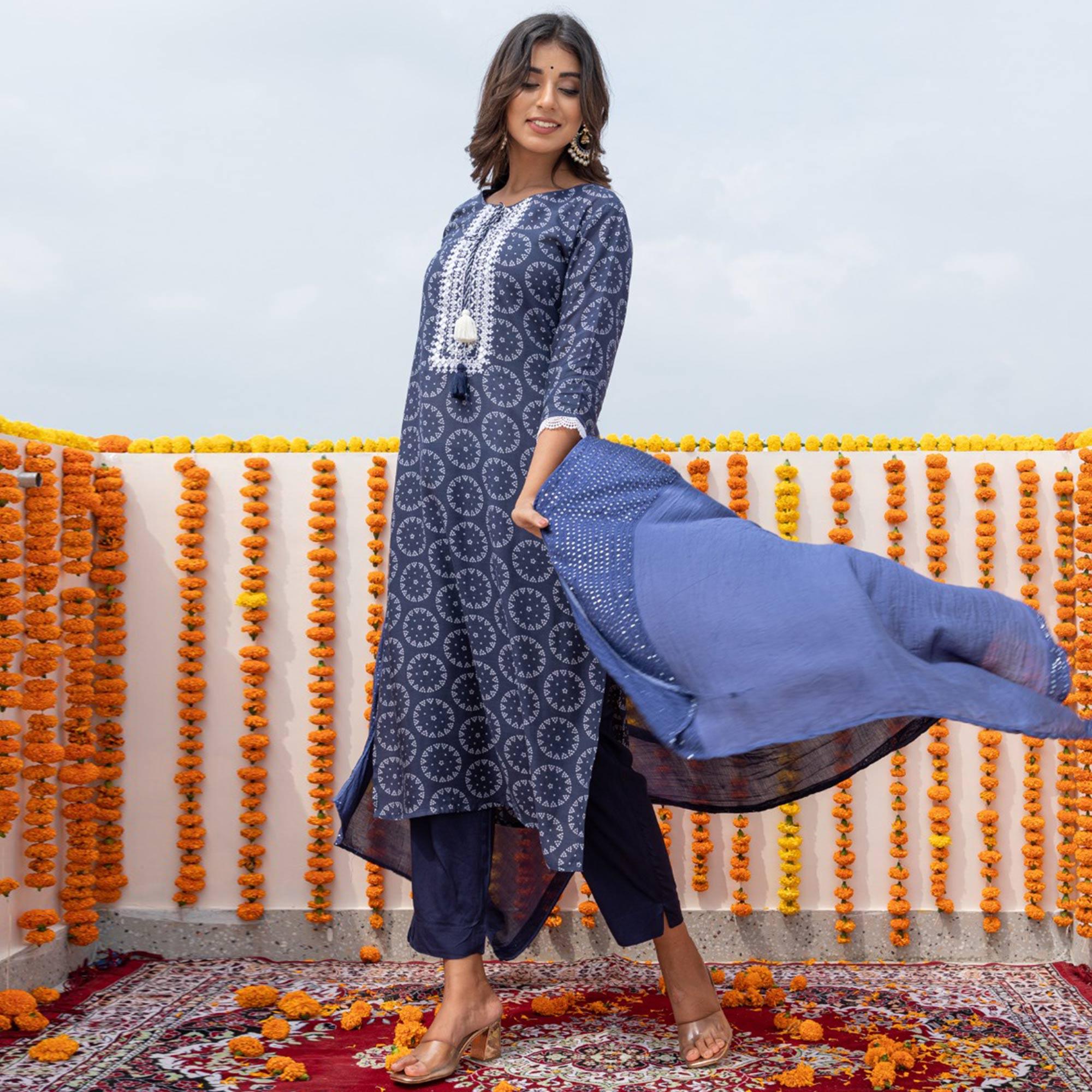 Blue Partywear Embroidered With Printed Cotton Silk Kurti Pant Set With Dupatta - Peachmode