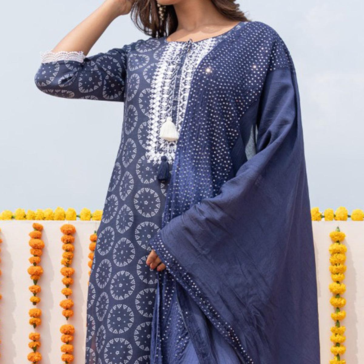 Blue Partywear Embroidered With Printed Cotton Silk Kurti Pant Set With Dupatta - Peachmode