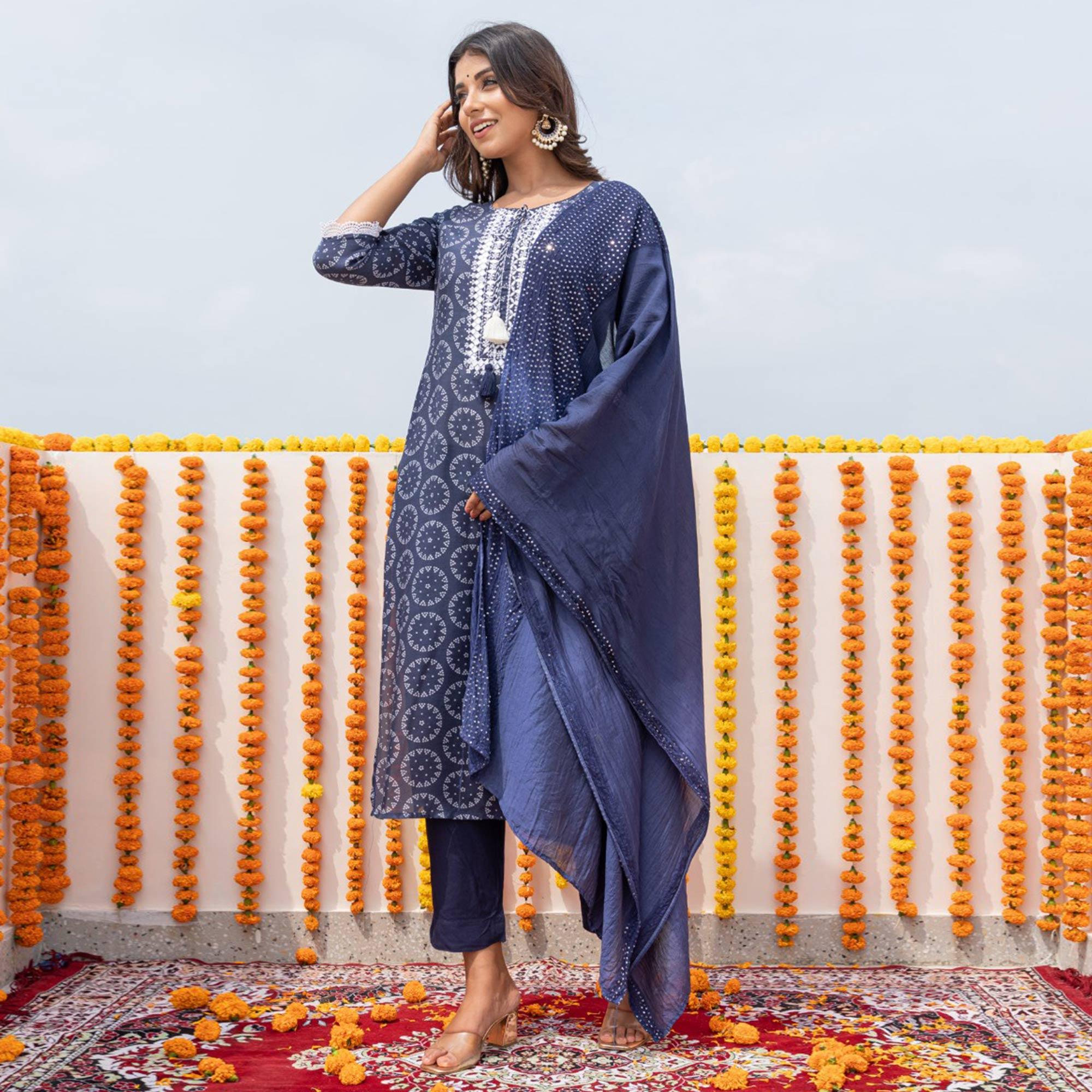 Blue Partywear Embroidered With Printed Cotton Silk Kurti Pant Set With Dupatta - Peachmode