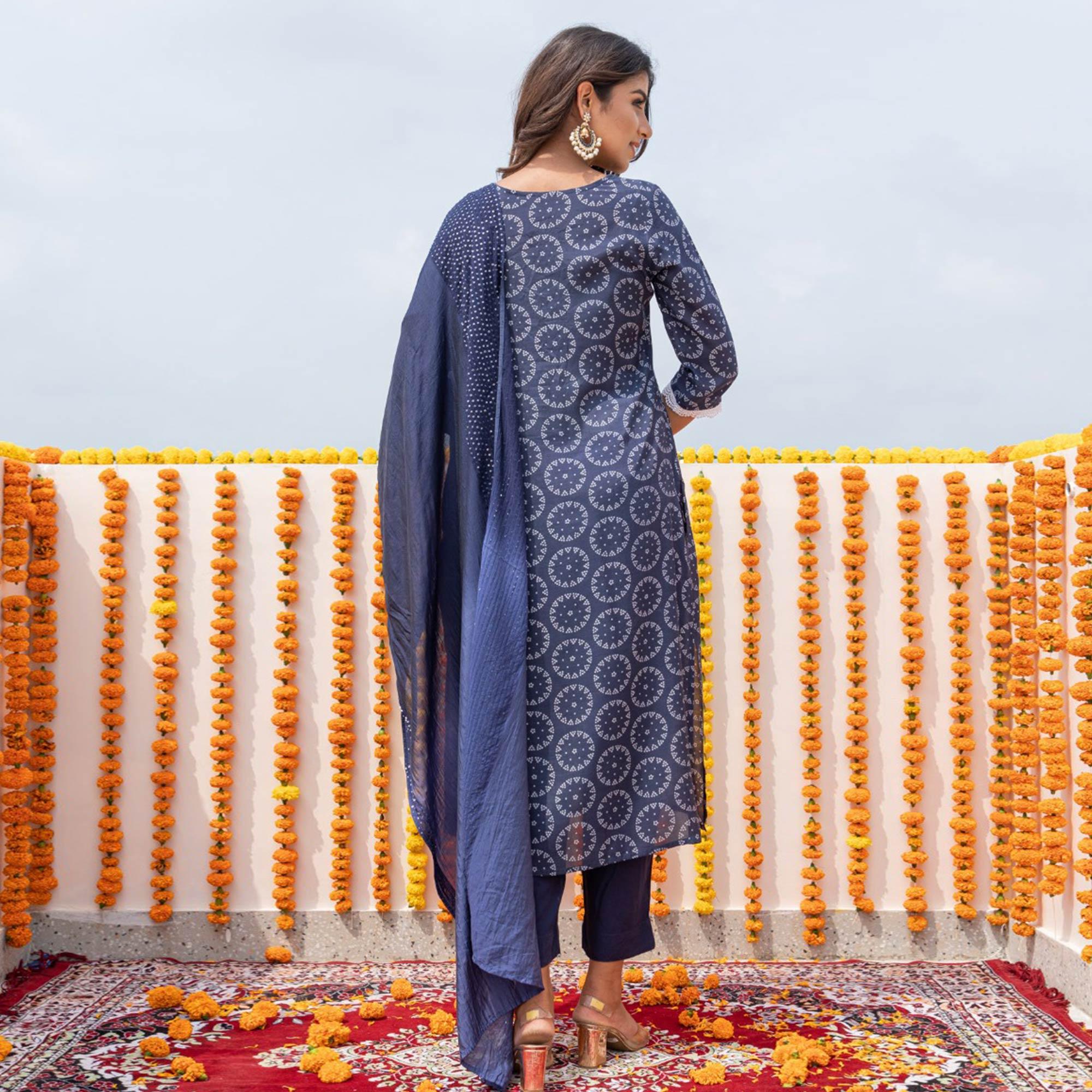 Blue Partywear Embroidered With Printed Cotton Silk Kurti Pant Set With Dupatta - Peachmode
