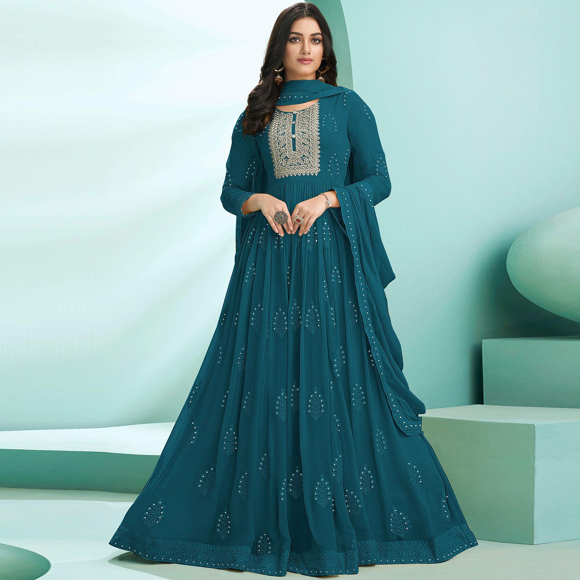 Blue Partywear Embroidery With Embellished Georgette Gown - Peachmode