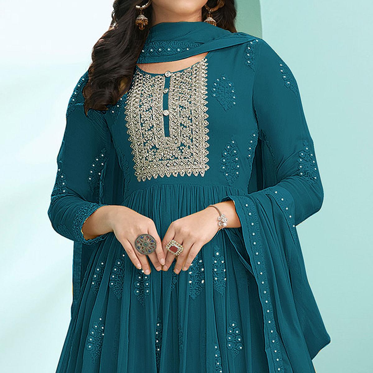 Blue Partywear Embroidery With Embellished Georgette Gown - Peachmode
