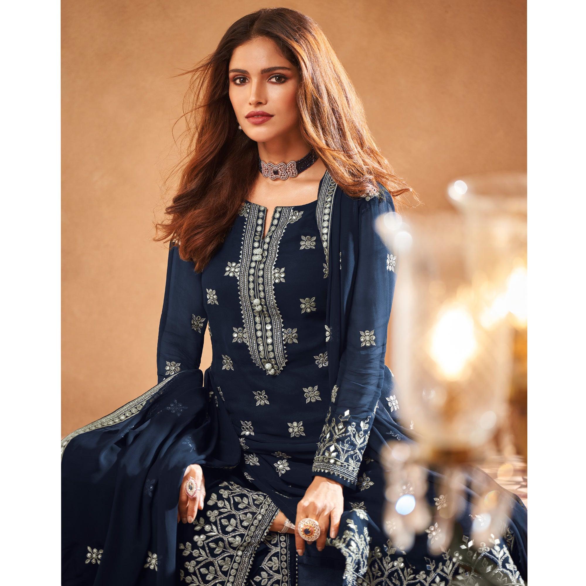 Blue Partywear Embroidery With Embellished Georgette Palazzo Suit - Peachmode
