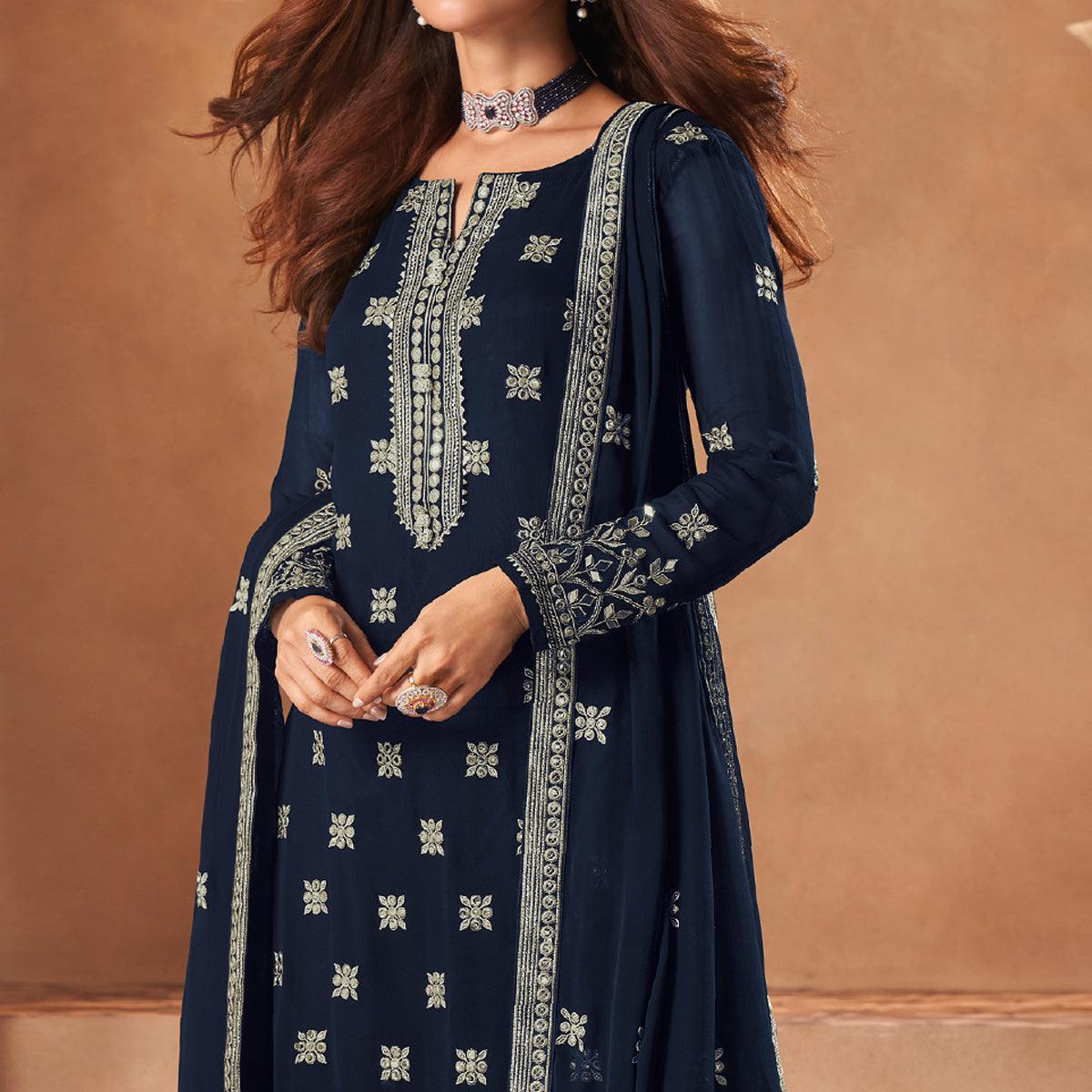 Blue Partywear Embroidery With Embellished Georgette Palazzo Suit - Peachmode