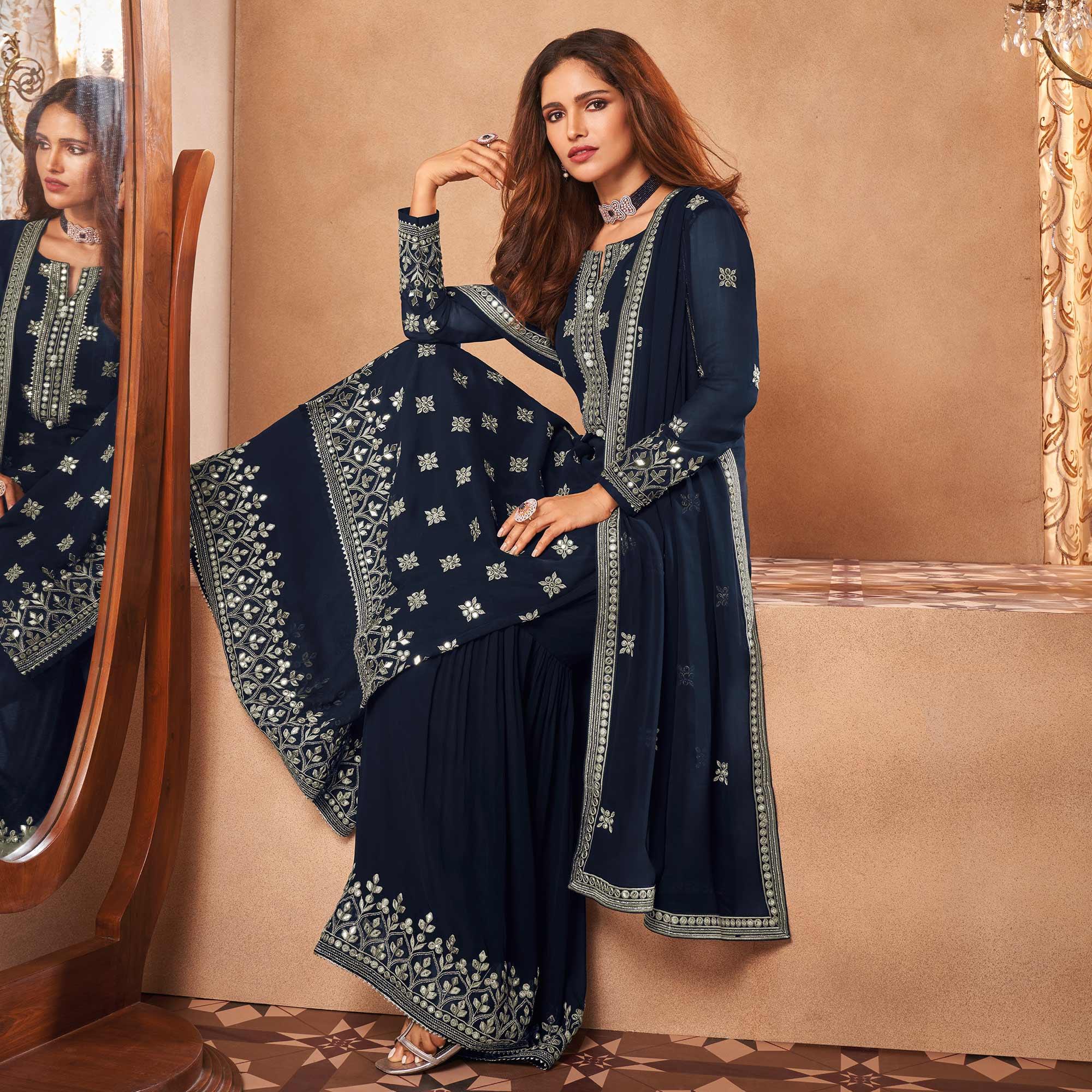 Blue Partywear Embroidery With Embellished Georgette Palazzo Suit - Peachmode