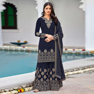 Blue Partywear Embroidery With Sequence Heavy Faux Georgette Salwar Suit - Peachmode