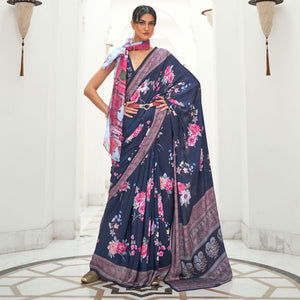 Blue Partywear Floral Digital Printed Silk Saree - Peachmode