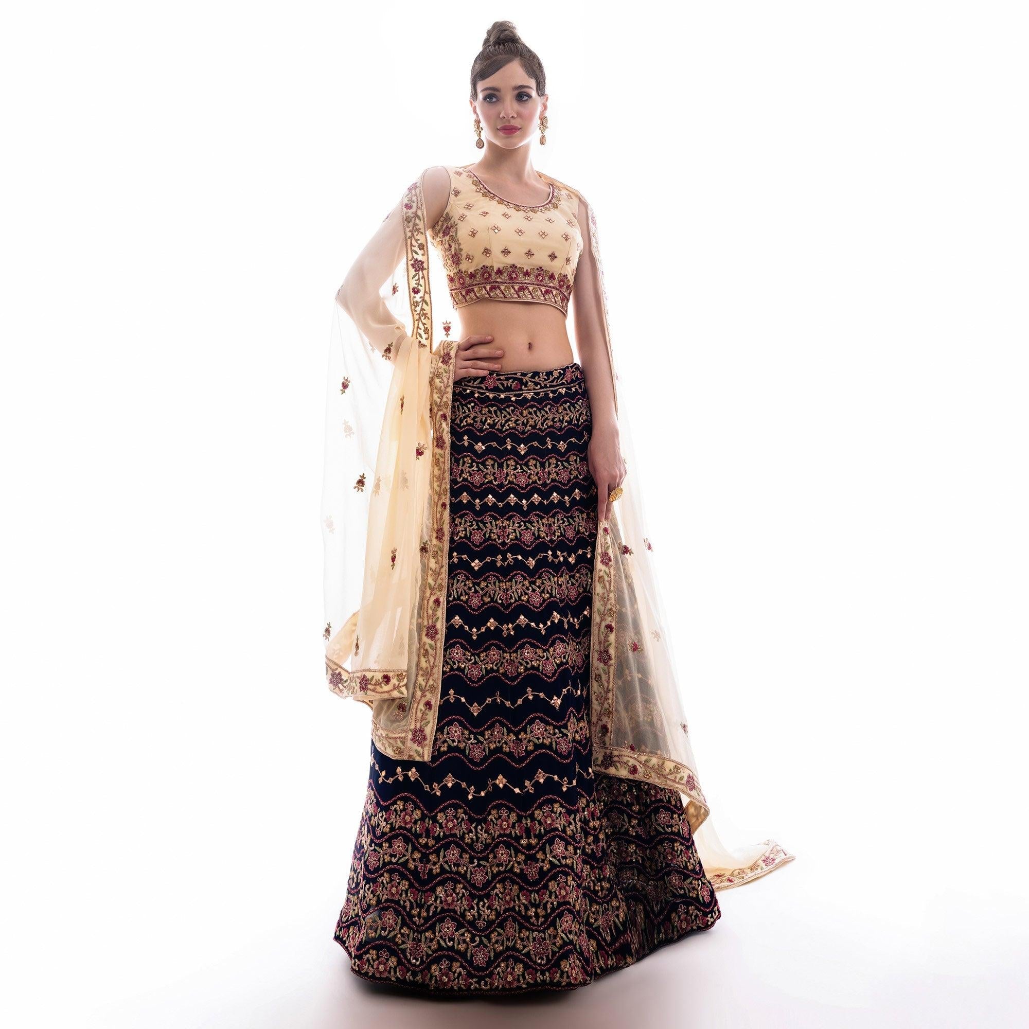 Blue Partywear Floral Embroidered Georgette Lehenga Choli - Peachmode