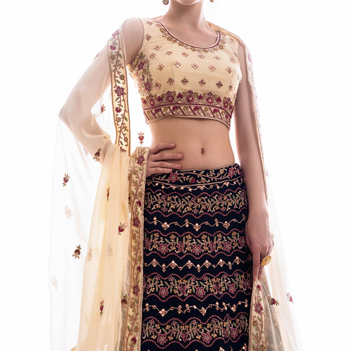 Blue Partywear Floral Embroidered Georgette Lehenga Choli - Peachmode