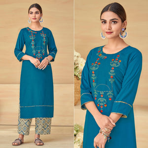 Blue Partywear Floral Embroidered Rayon Kurti Palazzo Set - Peachmode