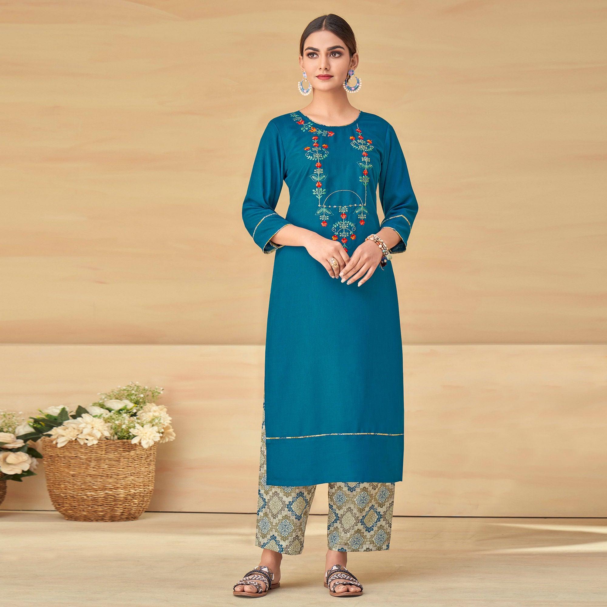 Blue Partywear Floral Embroidered Rayon Kurti Palazzo Set - Peachmode