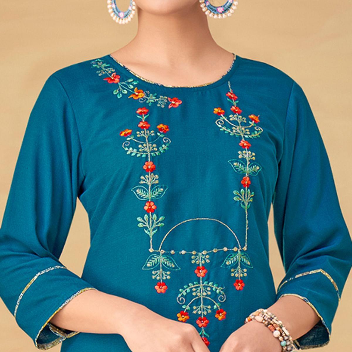 Blue Partywear Floral Embroidered Rayon Kurti Palazzo Set - Peachmode