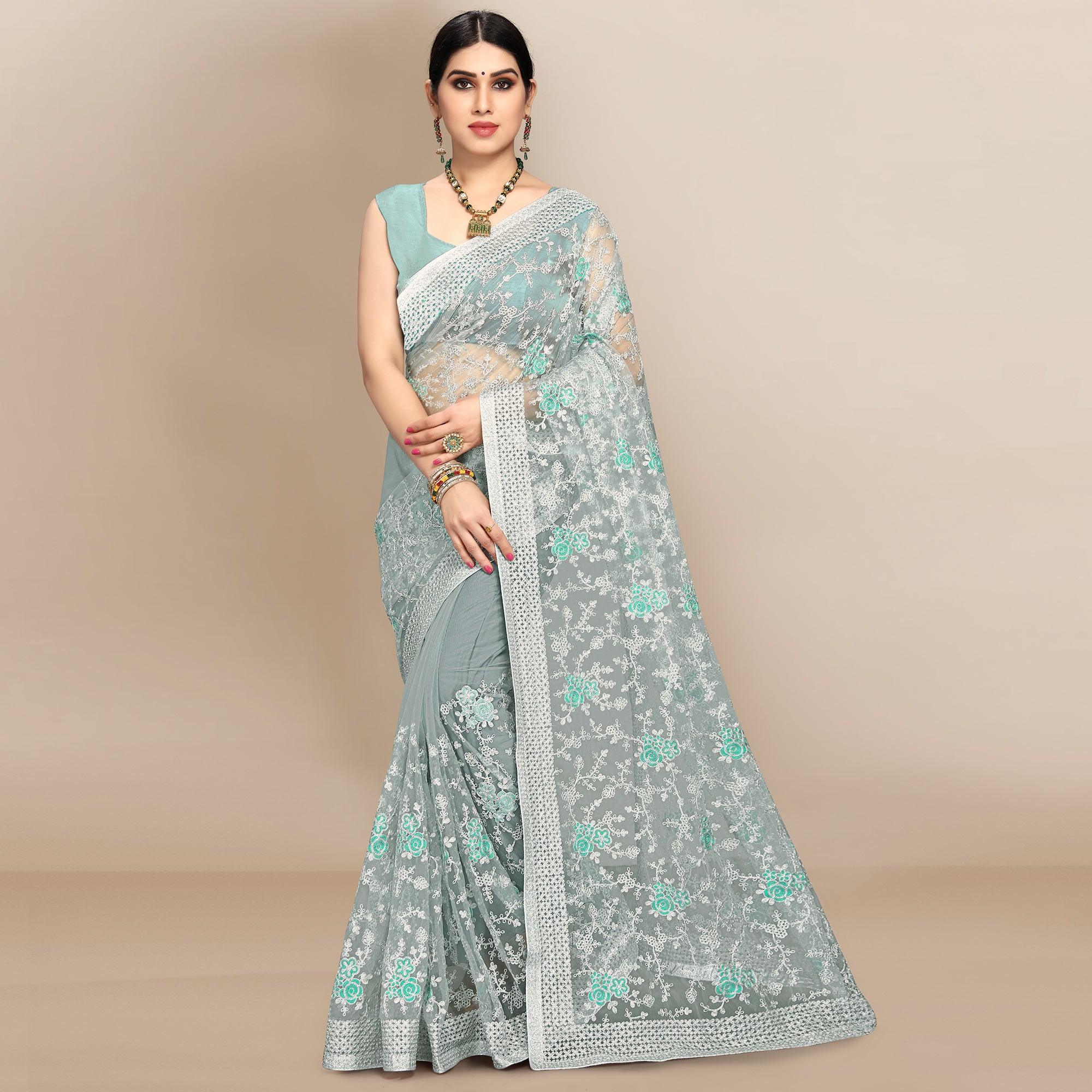Blue Partywear Floral Embroidered Soft Net Saree - Peachmode