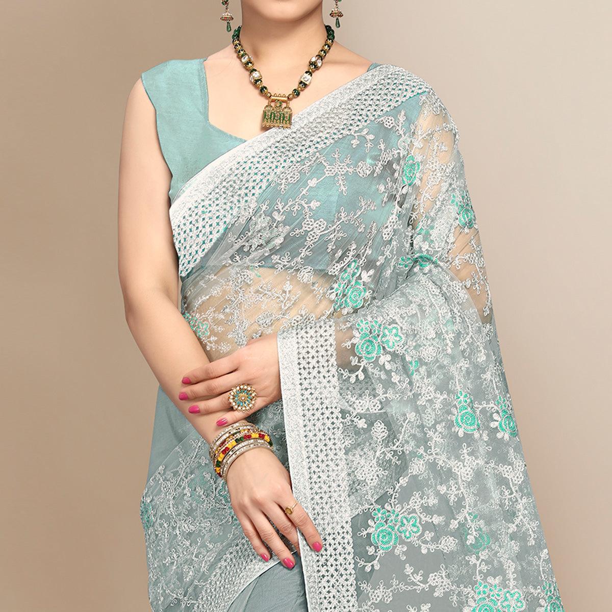 Blue Partywear Floral Embroidered Soft Net Saree - Peachmode