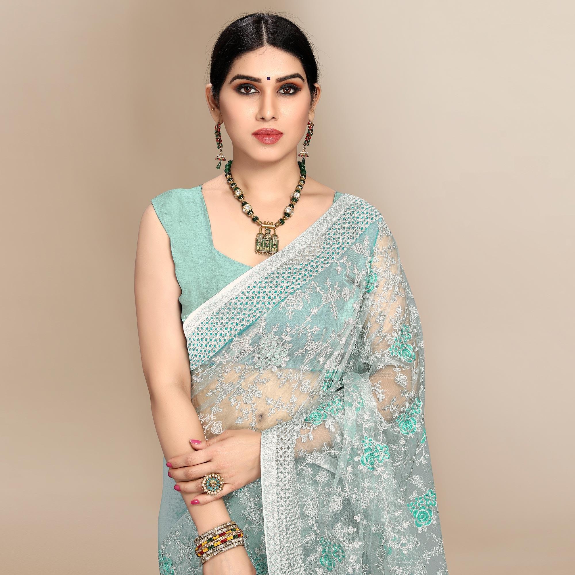 Blue Partywear Floral Embroidered Soft Net Saree - Peachmode