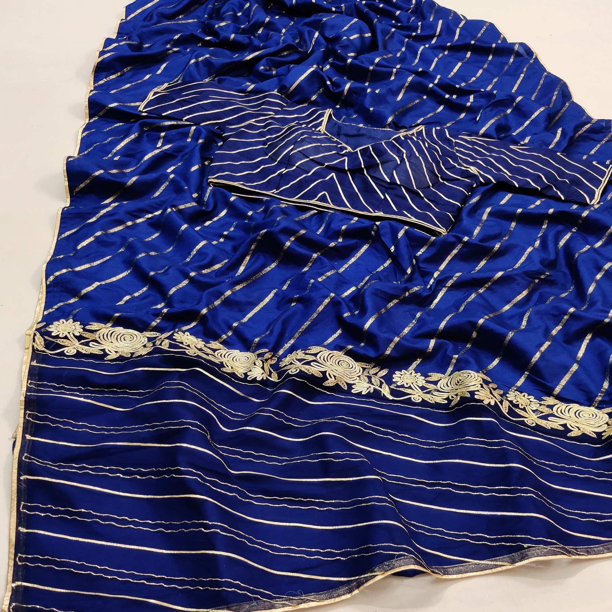 Blue Partywear Floral Embroidered With Gotta Patti Dola Silk Saree - Peachmode