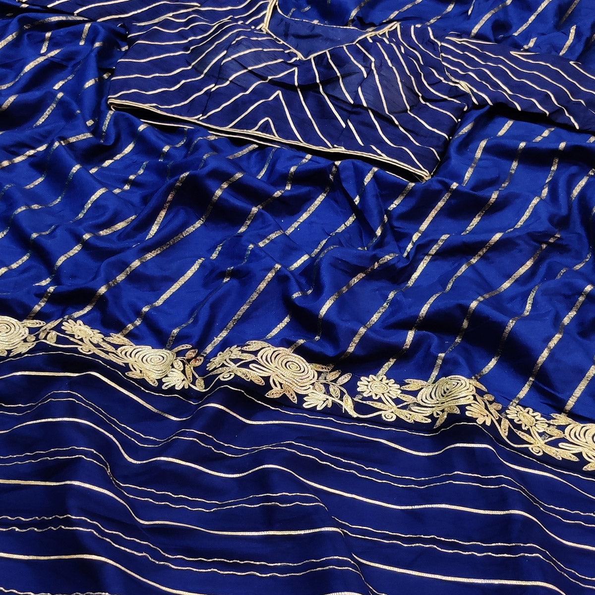 Blue Partywear Floral Embroidered With Gotta Patti Dola Silk Saree - Peachmode