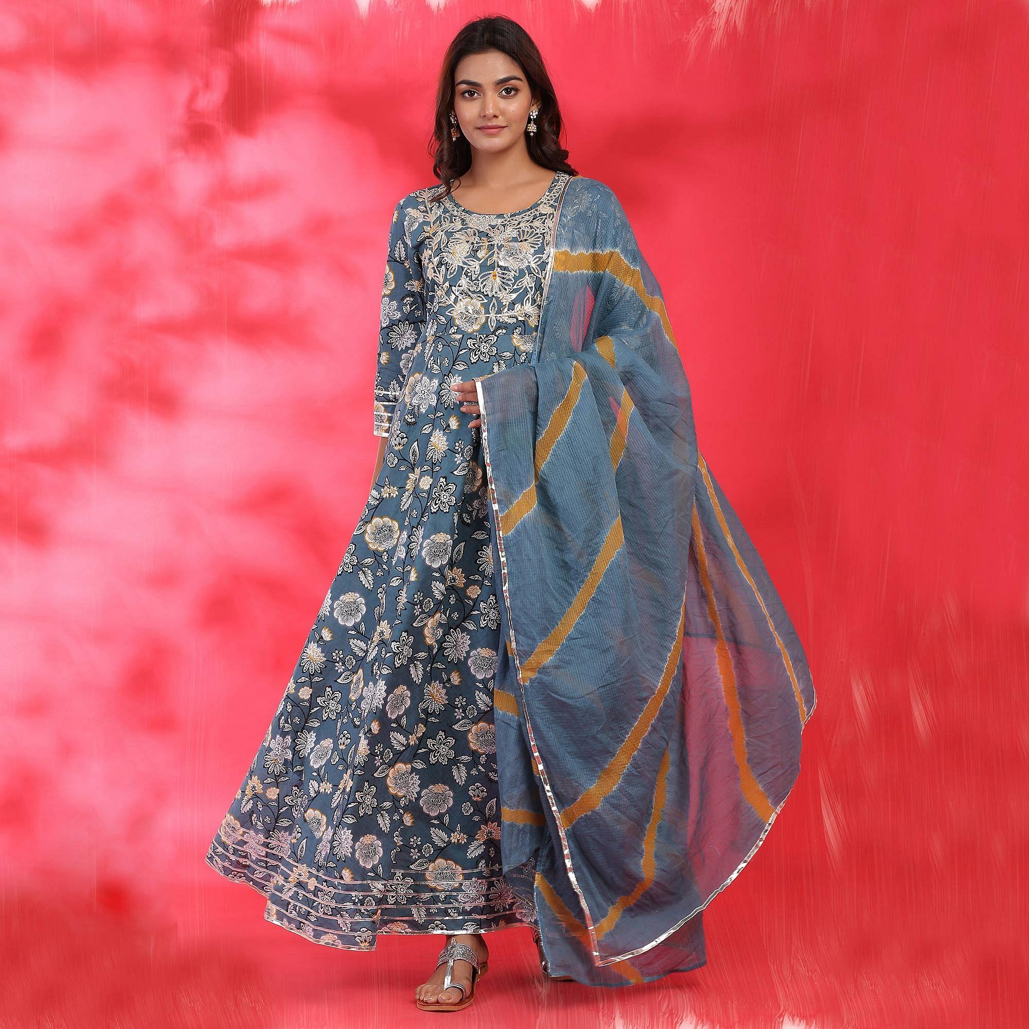 Blue Partywear Floral Printed And Embroidered Cotton Kurti - Palazzo Set With Dupatta - Peachmode