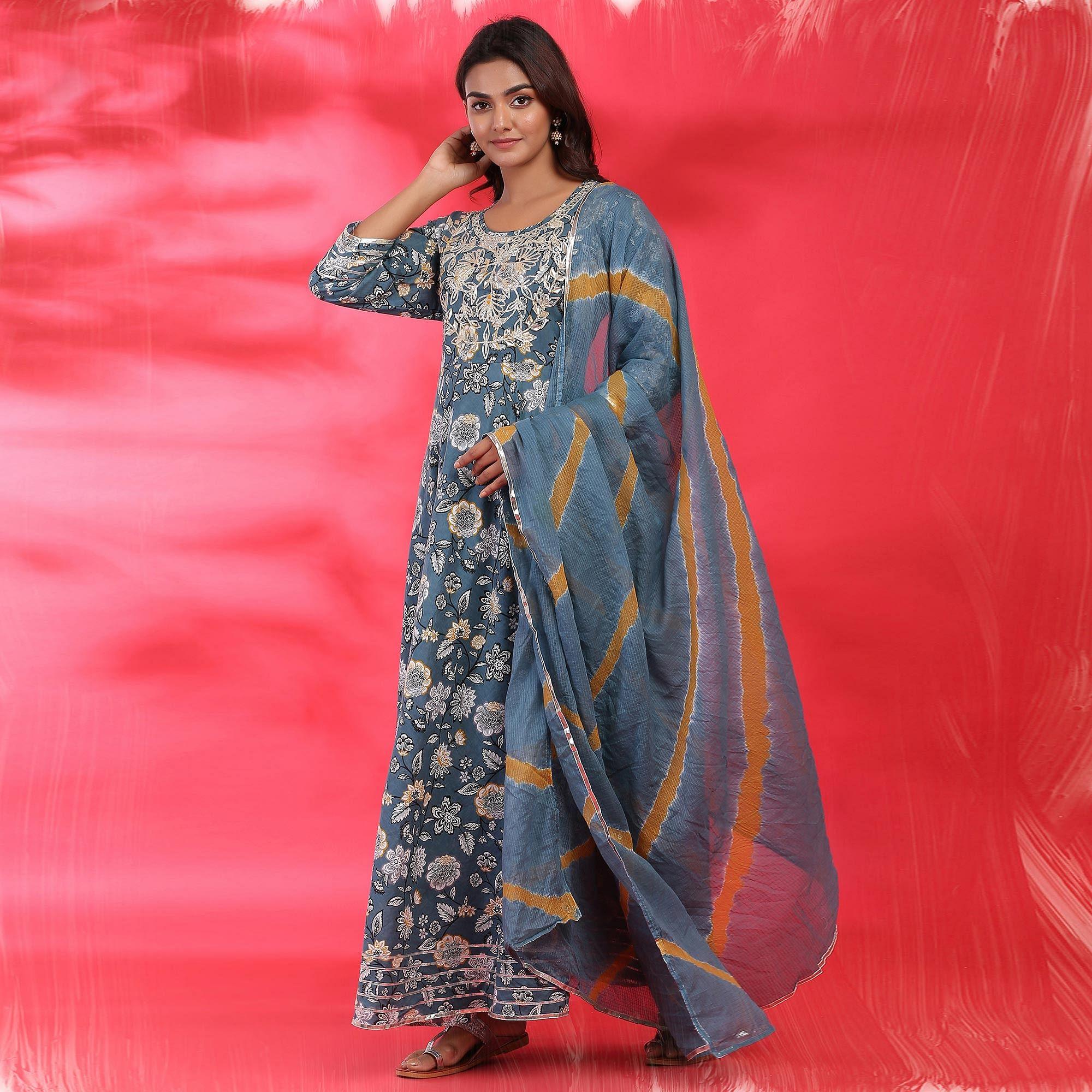 Blue Partywear Floral Printed And Embroidered Cotton Kurti - Palazzo Set With Dupatta - Peachmode