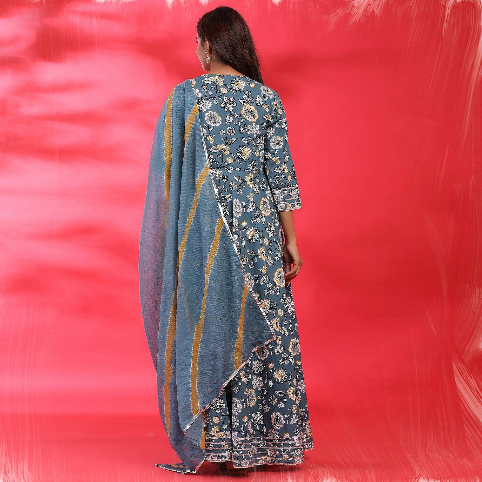 Blue Partywear Floral Printed And Embroidered Cotton Kurti - Palazzo Set With Dupatta - Peachmode