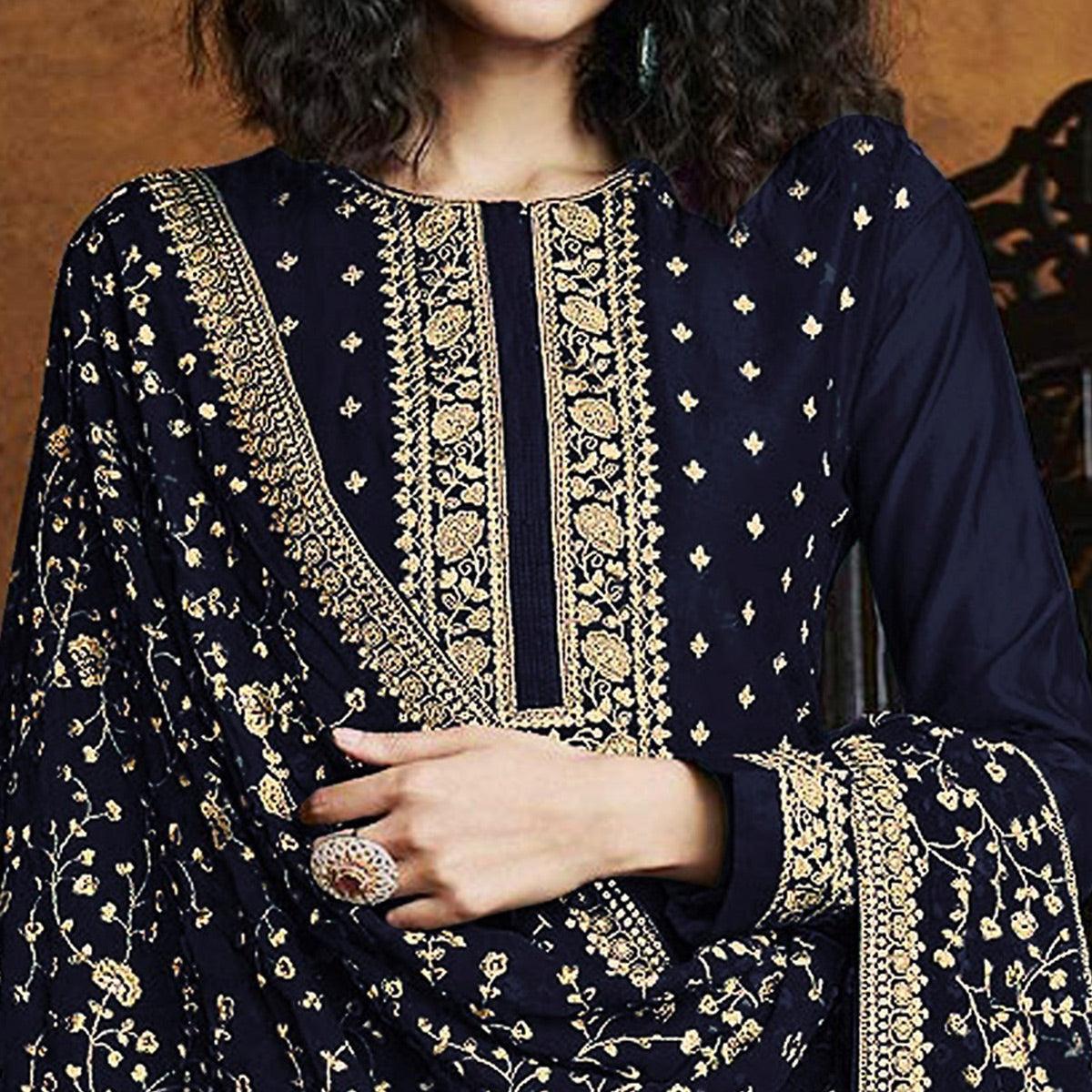 Blue Partywear Floral Sequins Embroidery Georgette Palazzo Suit - Peachmode