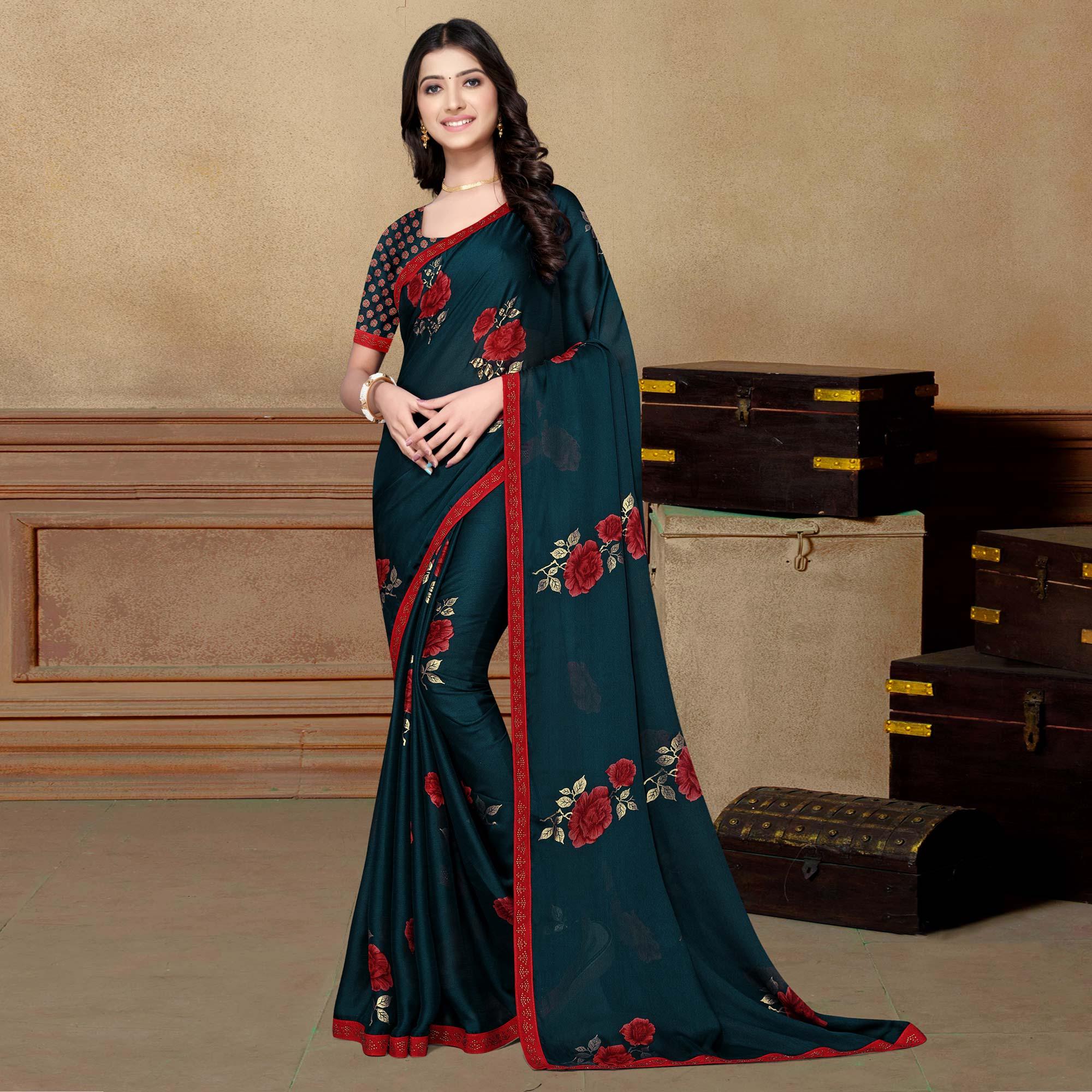 Blue Partywear Foil Printed & Embellished Moss Chiffon Saree - Peachmode
