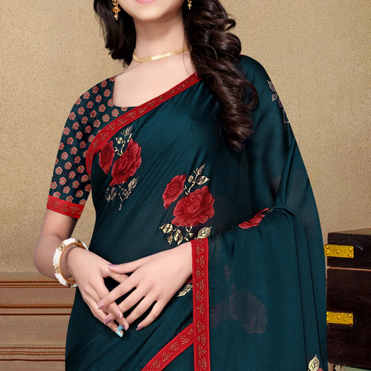 Blue Partywear Foil Printed & Embellished Moss Chiffon Saree - Peachmode