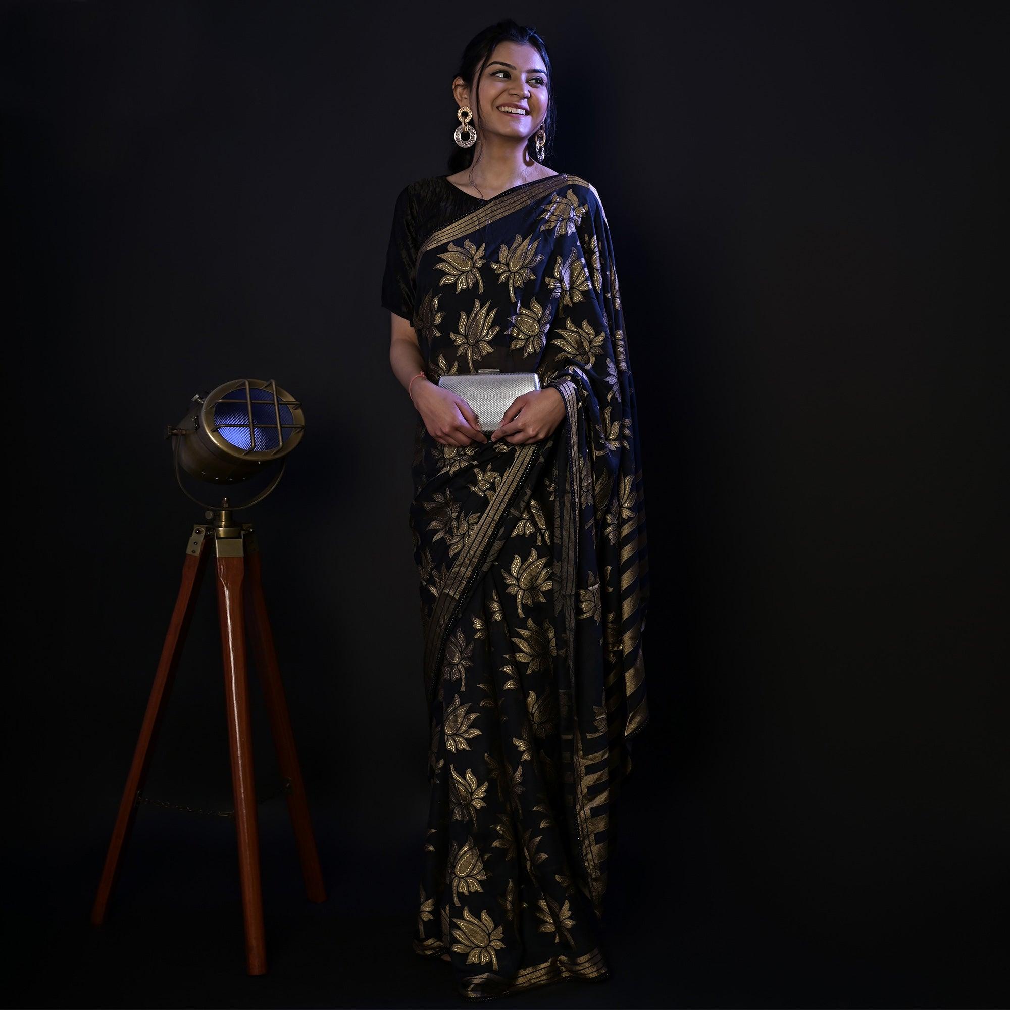 Blue Partywear Foil Printed Diamond Lace Brasso Saree - Peachmode