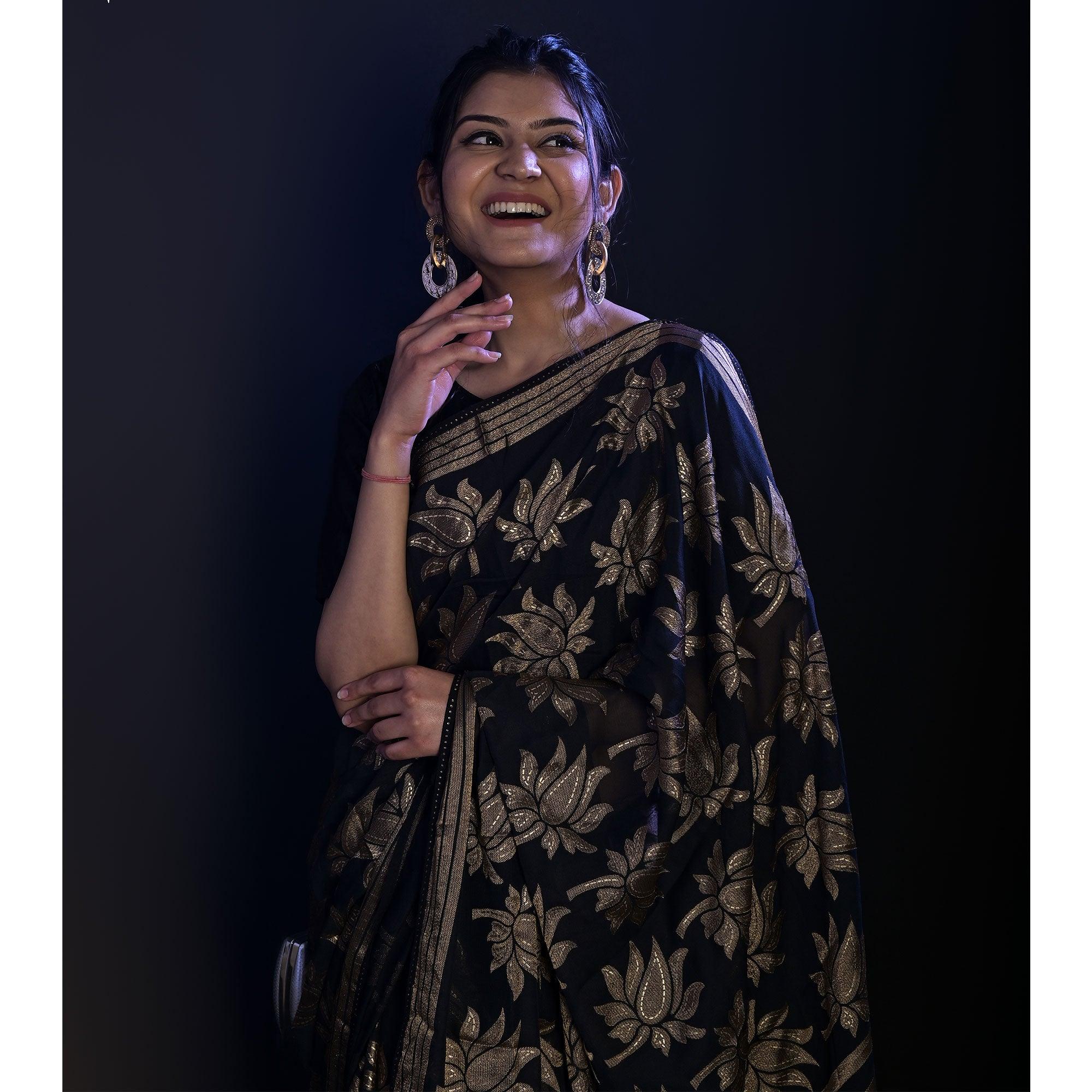 Blue Partywear Foil Printed Diamond Lace Brasso Saree - Peachmode