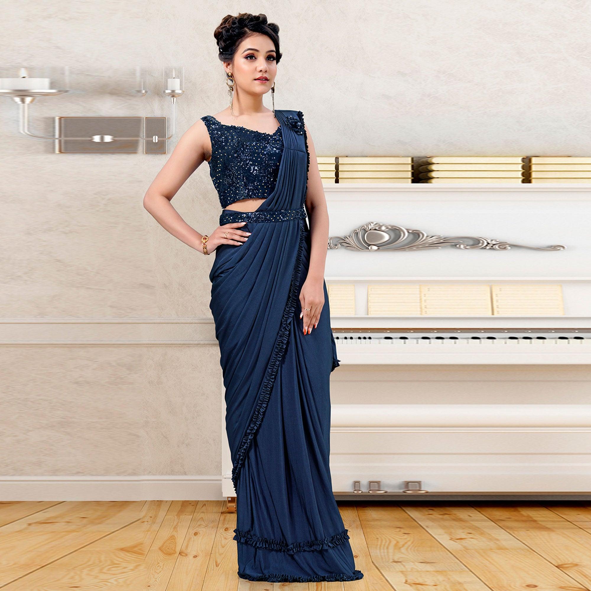 Blue Partywear Frill & Sequence Art Silk Saree - Peachmode