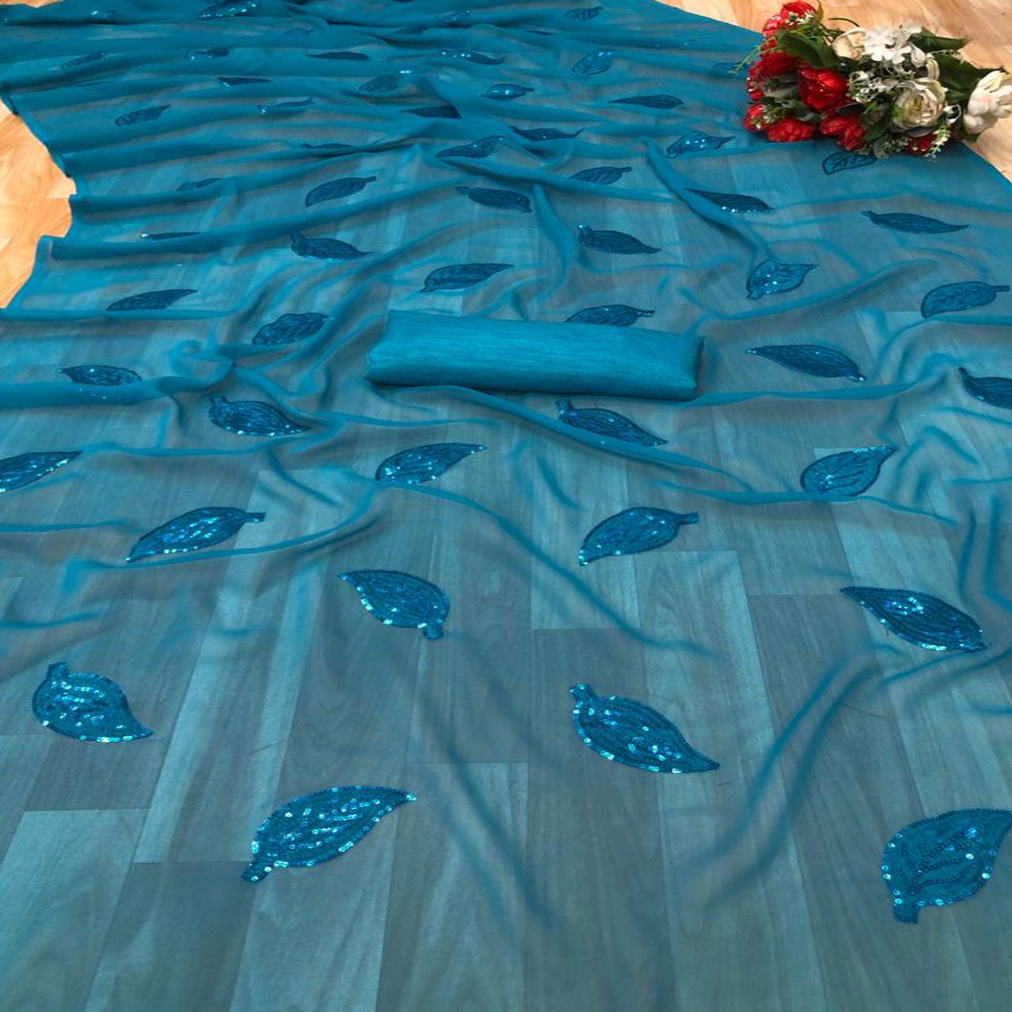 Blue Partywear Leaf Sequence Georgette Saree - Peachmode