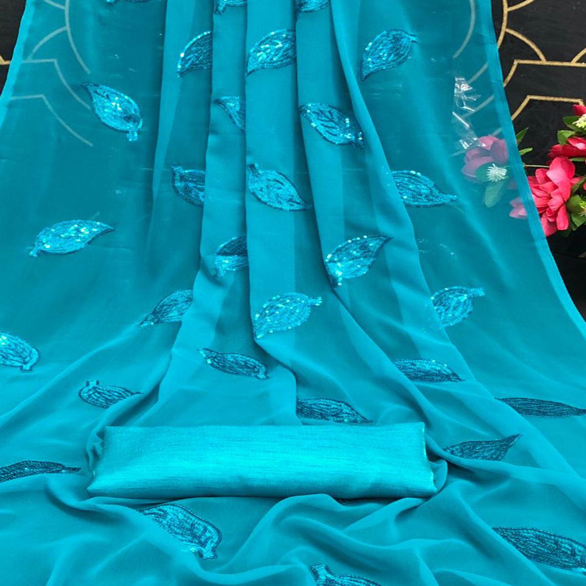 Blue Partywear Leaf Sequence Georgette Saree - Peachmode