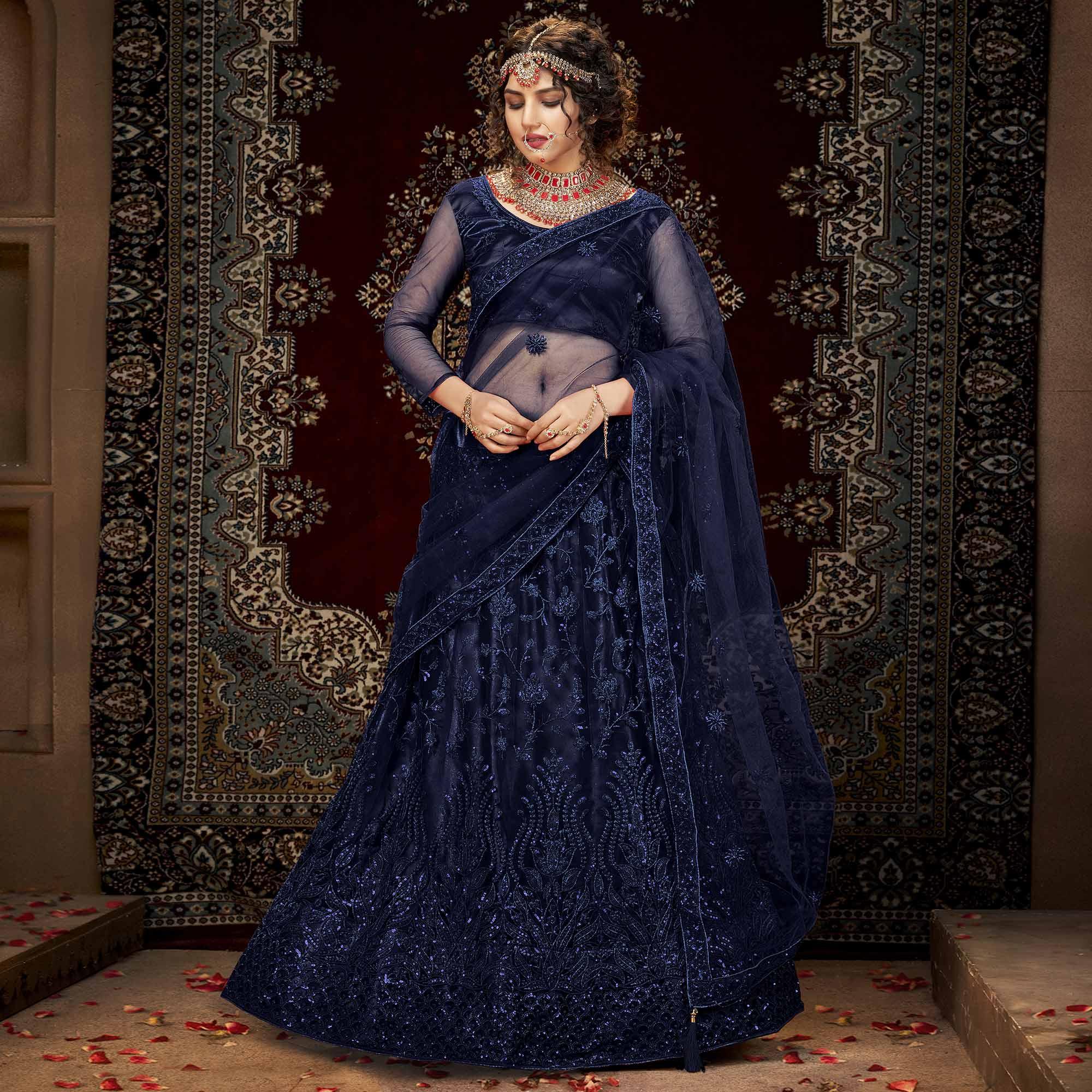 Blue Partywear Multi Sequence Embroidered Net Lehenga Choli - Peachmode