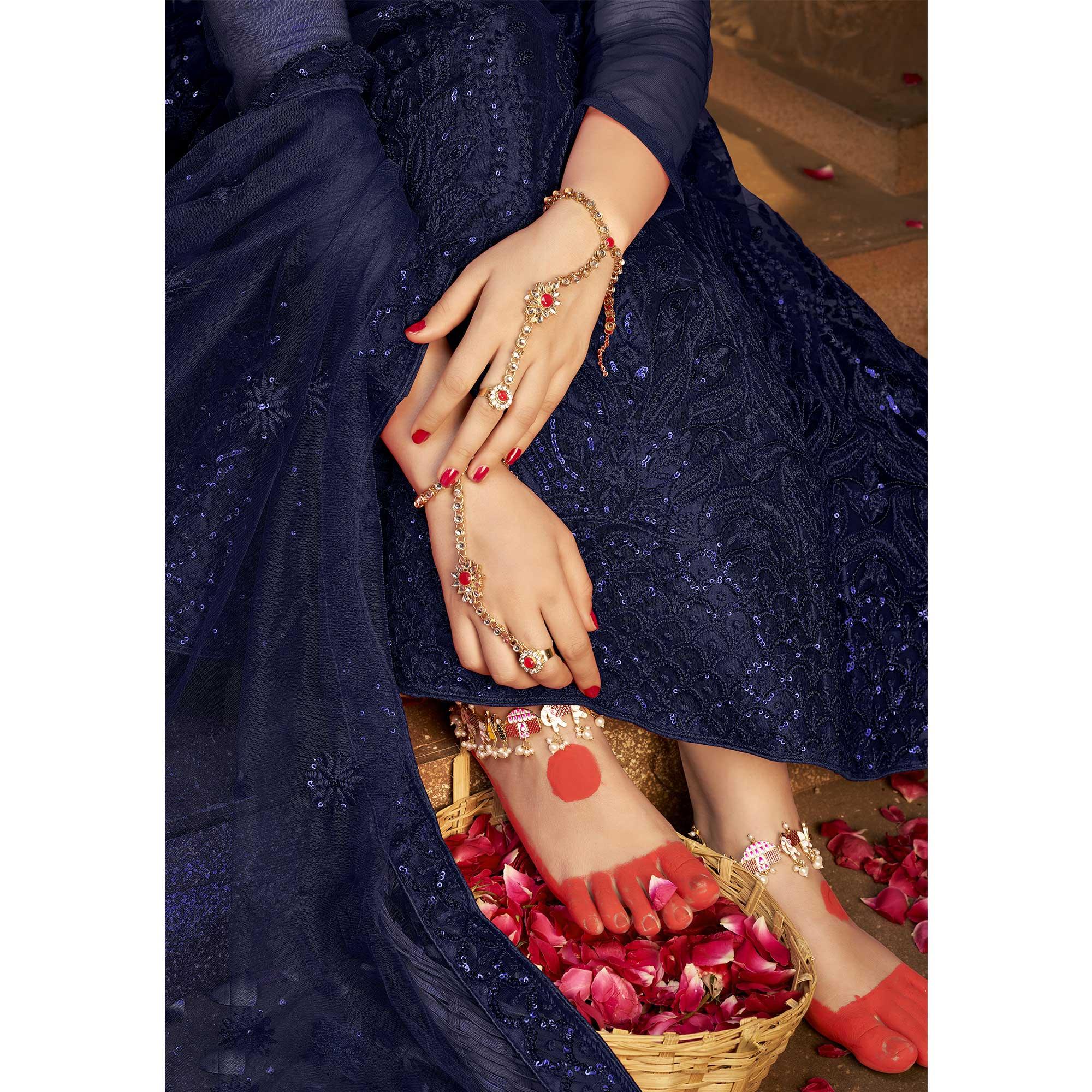 Blue Partywear Multi Sequence Embroidered Net Lehenga Choli - Peachmode