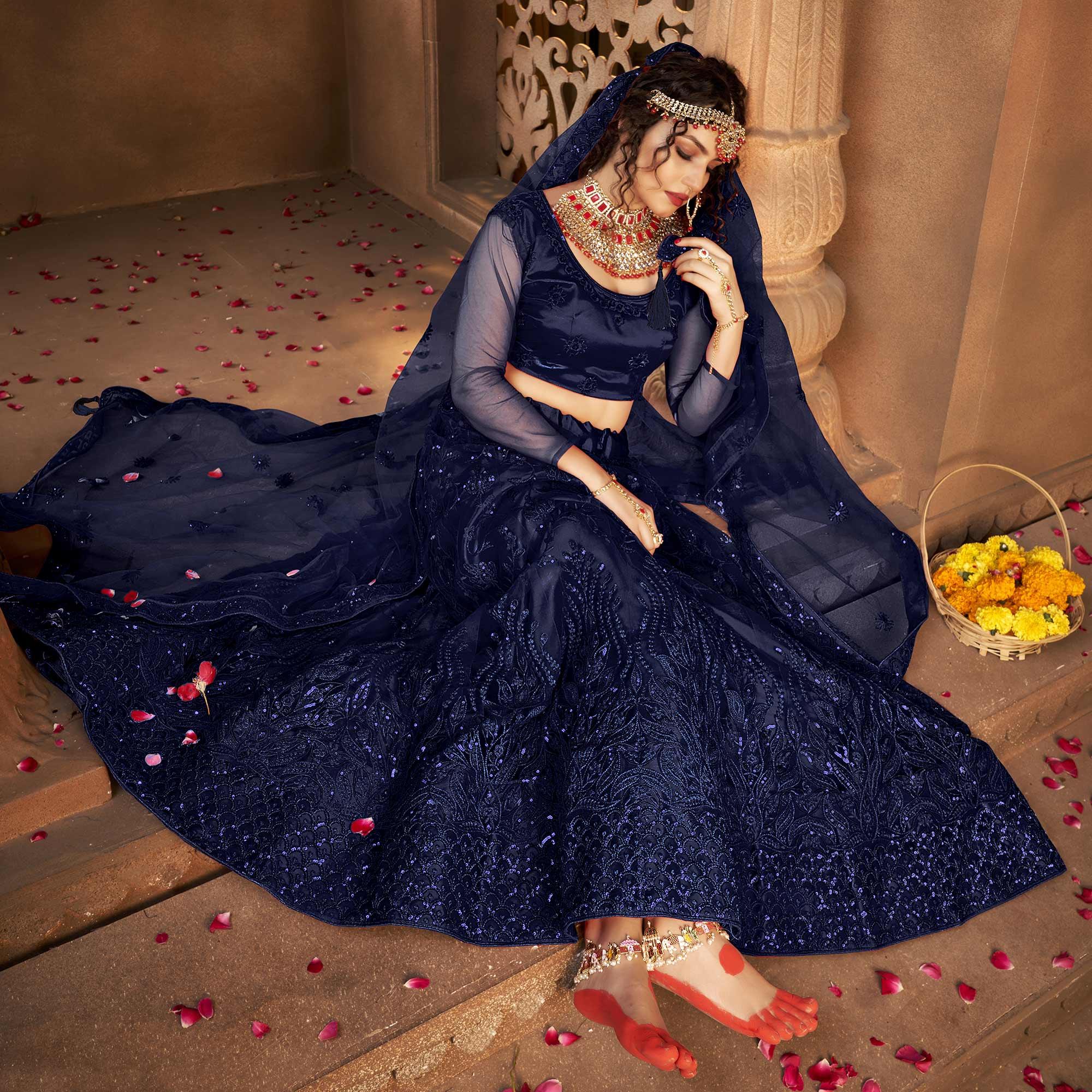 Blue Partywear Multi Sequence Embroidered Net Lehenga Choli - Peachmode